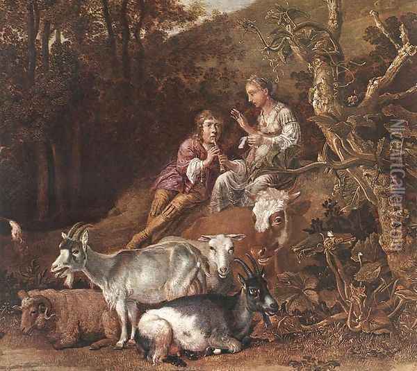 Landscape with Shepherdess Shepherd Playing Flute (detail) 1642-44 Oil Painting - Paulus Potter