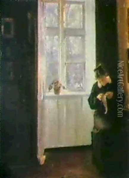 Interior Med Ung Pige,                                      Der Syr Ved Et Vindue Oil Painting - Carl Vilhelm Holsoe