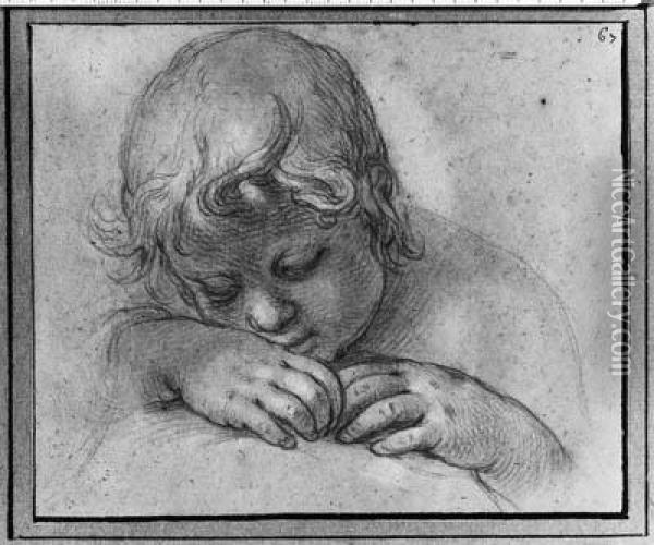 The Head Of A Putto Looking 
Down, His Head On His Hands (recto);studies Of An Arm And Hand (verso) Oil Painting - Abraham Bloemaert