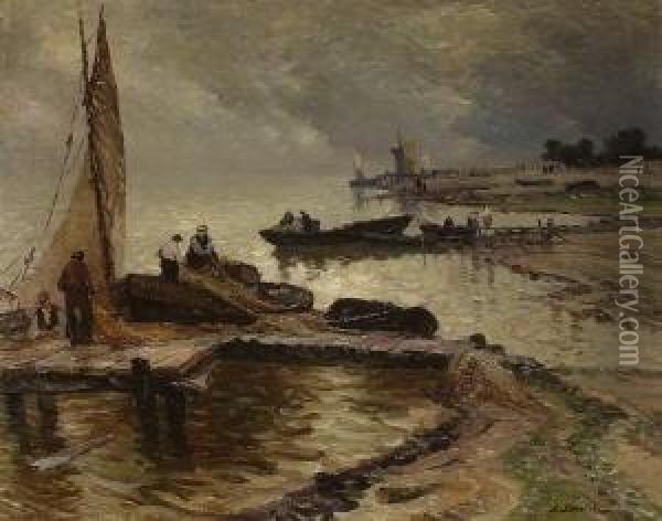 Fischerboote Am Strand. Oil Painting - Louis-Charles Spriet