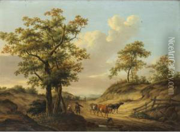 Troupeau De Vaches Sur Un Chemin [ ; Cows On A Path ; Oil On Panel Signed Lower Left] Oil Painting - Dyonis Van Dongen