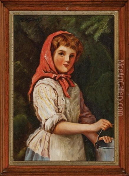 Young Russian Girl In Red Scarf Holding A Bucket Oil Painting - Ivan Semionovich Kulikov