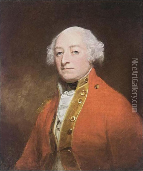 A Portrait Of Colonel Batheston,
 Half-length, Wearing A Red Overcoat With A White Chemise Oil Painting - George Romney