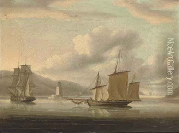 A Royal Naval Frigate Towing A 
Lugger Past The Belem Tower With The Fleet Standing Out To Sea Oil Painting - Thomas Buttersworth