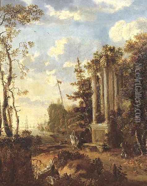 A wooded coastal landscape with travellers by a classical fountain Oil Painting - Jan Gabrielsz. Sonje