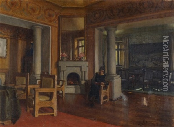 Widok Salonu Z Czytajaca Kobieta Oil Painting - Stanislaw Sawiczewski