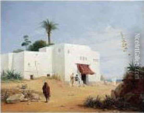 Figures By A House In The Middle East Oil Painting - Ferdinand Wachsmuth