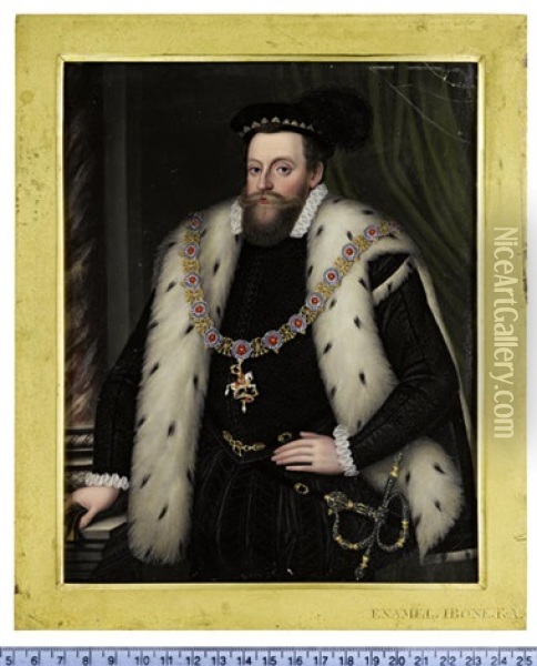 Sir Henry Sidney, Standing Before Green Drapery, A Marble Pillar To His Left, Wearing Black Stockings And Dark Brown Breeches Slashed To Reveal Black... Oil Painting - Henry Bone