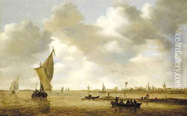 An estuary with passengers in a ferry, a kaag and other shipping by a mudflat, a village beyond Oil Painting - Jan van Goyen