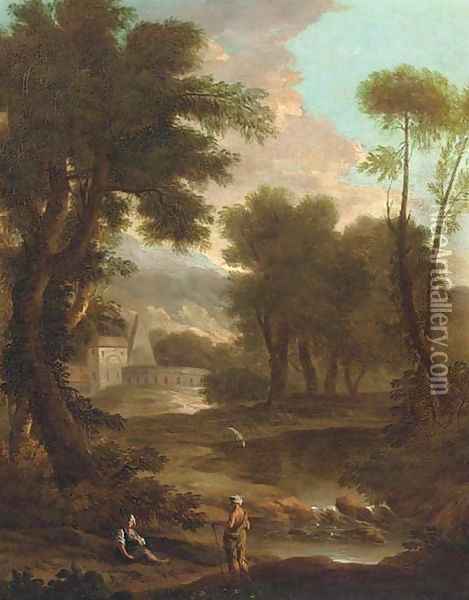 A landscape with a shepherd and shepherdess by a river, classical buildings beyond Oil Painting - John Wootton