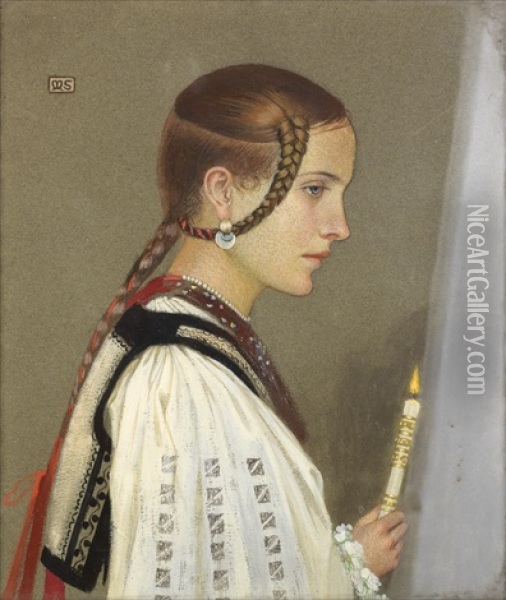 A Romanian Bridesmaid Oil Painting - Marianne (Preindlsberger) Stokes