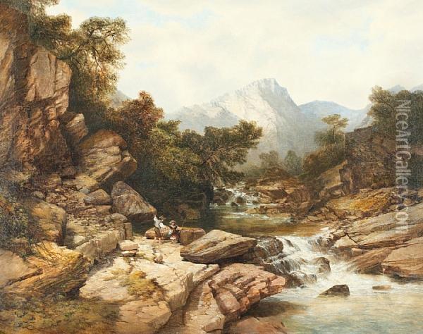 Rocky River Landscape With Children Angling Oil Painting - William Edward West