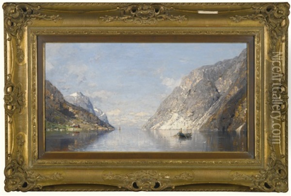 Fisherman In A Norwegian Fjord Oil Painting - Georg Anton Rasmussen