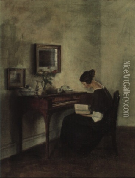 Interior Med Ung Laesende Kvinde Ved Klaveret Oil Painting - Carl Vilhelm Holsoe