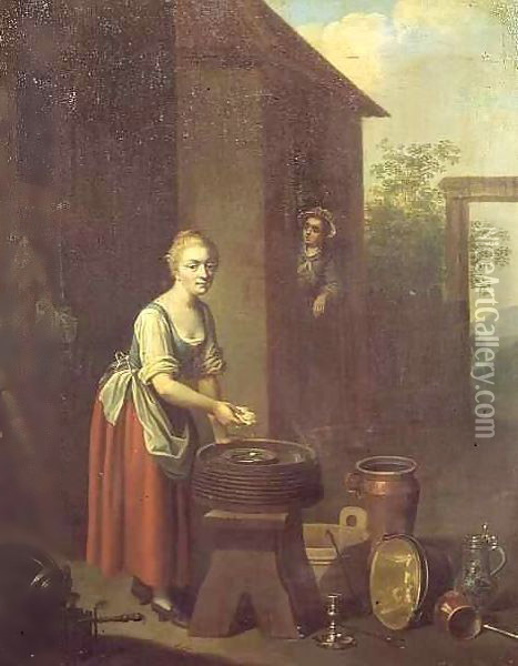 A maid washing dishes in a yard Oil Painting - Johann Daniel Bager