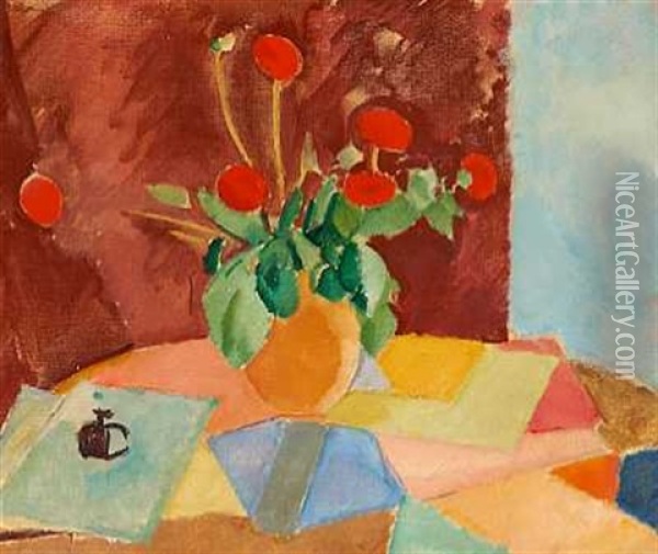 Nature Morte Med Rode Blomster I Vase Oil Painting - Karl Isakson