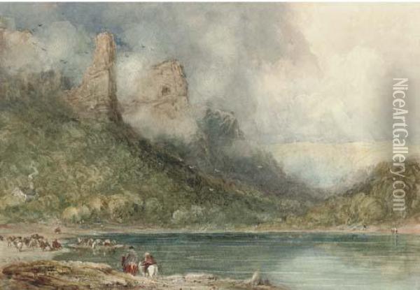 Ferry On The Wye At Longstone, Derbyshire Oil Painting - David I Cox