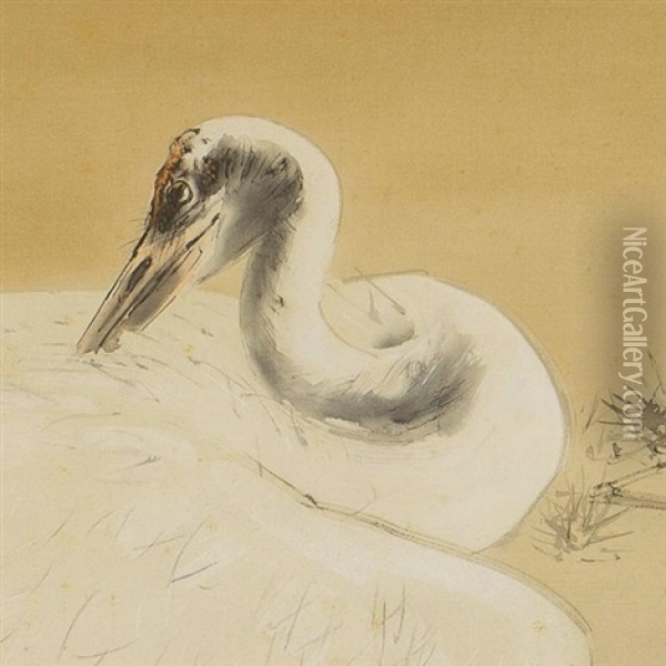 Crane At The Pond Oil Painting - Kansetsu Hashimoto