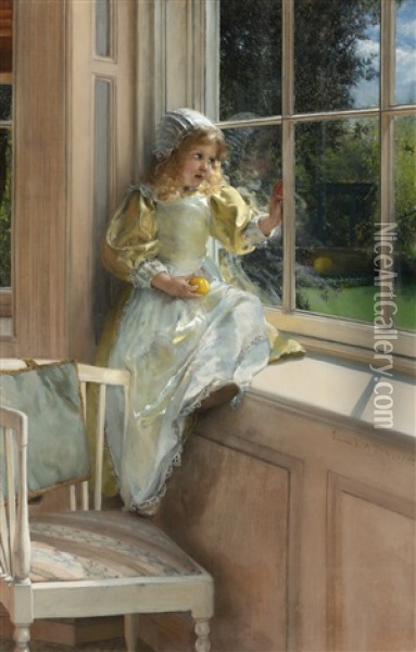 A Looking Out O'window, Sunshine Oil Painting - Laura Theresa Alma-Tadema