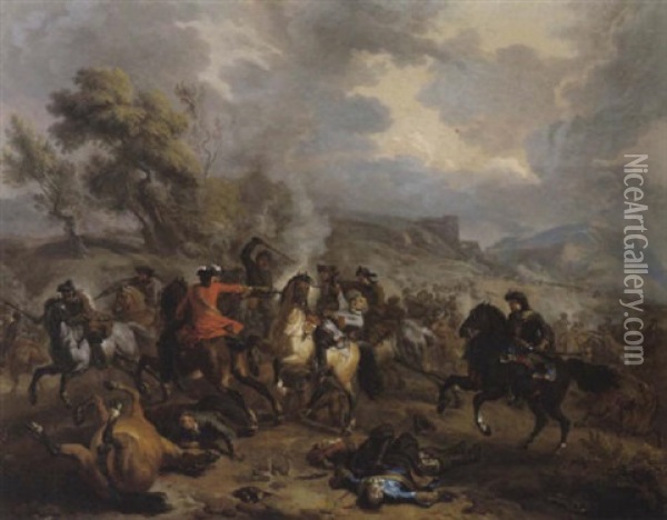 Reitergefecht In Gebirgiger Landschaft Oil Painting - Jan van Huchtenburg
