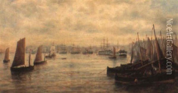 Engelsk Hamn Med Fartyg Och Fiskebatar Oil Painting - Bernard Benedict Hemy