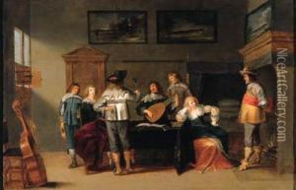 Officers In A Brothel, With A Lute Player And A Page Nearby Oil Painting - Christoffel Jacobsz van der Lamen