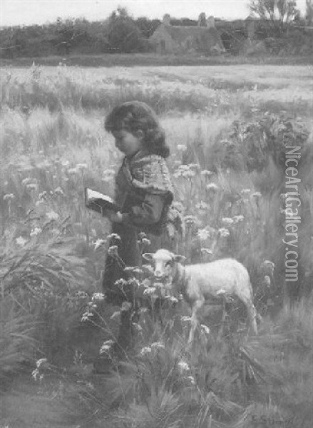 A Girl And Her Lamb Oil Painting - Elizabeth Strong