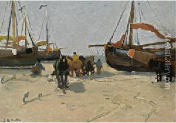Fisher Folk And Bomschuiten On The Beach Oil Painting - Gerhard Arij Ludwig Morgenstje Munthe
