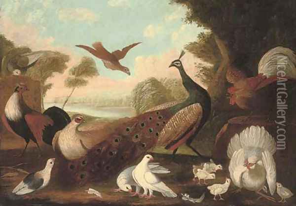 A peacock, a cockeral, a hen and her chicks, a grouse and other foul in a wooded river landscape Oil Painting - Melchior de Hondecoeter