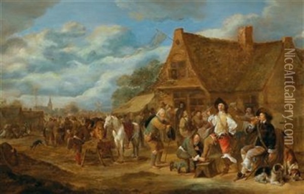 Peasants And Soldiers In Front Of A Tavern Oil Painting - Hendrick Potuyl