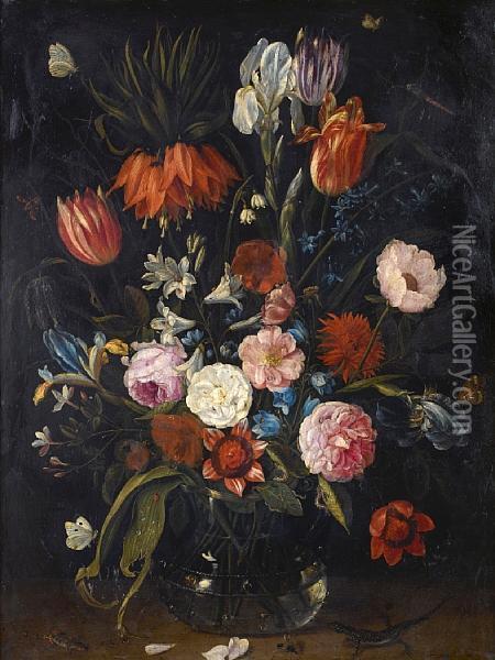 A Still Life Of Tulips, A Crown 
Imperial,snowdrops, Lilies, Irises, Roses And Other Flowers In A Glass 
Vasewith A Lizard, Butterflies, A Dragonfly And Other Insects Oil Painting - Jan van Kessel