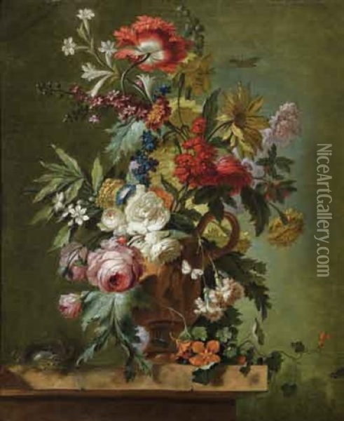 Bouquet De Fleurs Et Nid D'oiseau Oil Painting - Gerrit Johan Van Leeuwen