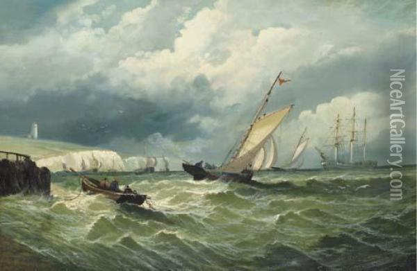 A View Of The English Channel 
With Sailboats In Choppy Seas Off The White Cliffs Of Dover Oil Painting - William Clarkson Stanfield