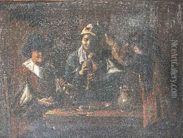 Peasants making music in an interior Oil Painting - Matheus van Helmont