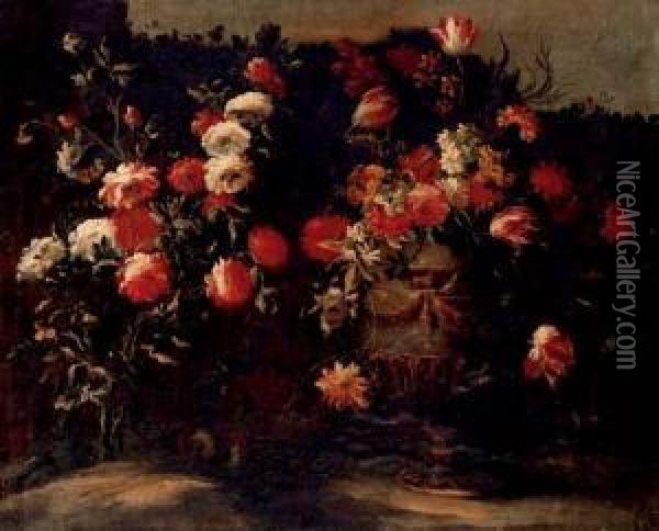 Tulips, Roses, Daffodils And Other Flowers In An Urn, On A Stone Oil Painting - Elisabetta Marchioni Active Rovigo