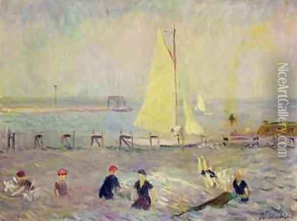 Seascape with Two Sailboats and Six Bathers Oil Painting - William Glackens