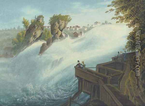 Figures observing a waterfall, thought to be at Schaffhausen on the Rhine Oil Painting - Johann Heinrich (II) Bleuler: