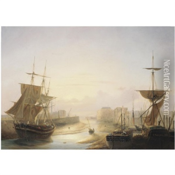 A Harbour At Sunset Oil Painting - Louis-Honore-Frederic Gamain