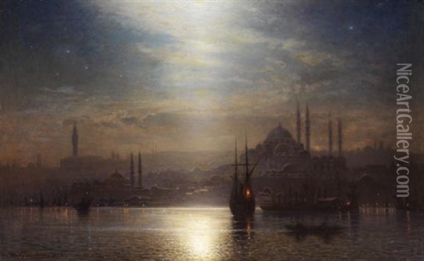 Blick Uber Den Bosporus Auf Konstaniopel Bei Nacht Oil Painting - Ernest Karl Eugen Koerner
