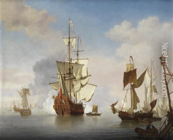 An English Ship At Anchor Near The Shore With Sails Loosened Firing A Salute, With Attendant Vessels In A Calm Sea Oil Painting - Cornelis van de Velde