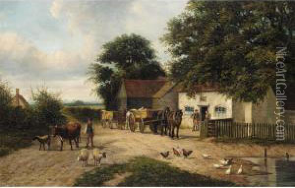 Livestock By The Village Pond Oil Painting - Joseph Clark