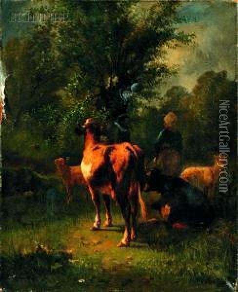Shepherdess With Cattle And Sheep Oil Painting - Andres Cortes Yaguilar