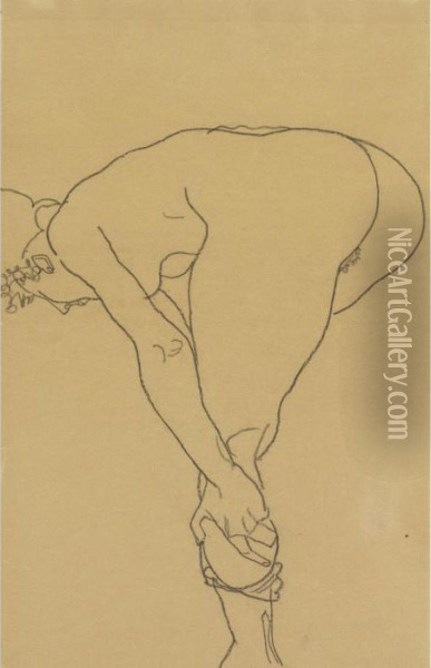 Stehender Weiblicher Akt, Strumpf Ausziehend Oil Painting - Egon Schiele