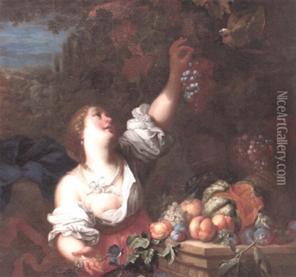 Woman Holding A Bunch Of Grapes Up To A Parrot Oil Painting - Abraham Brueghel