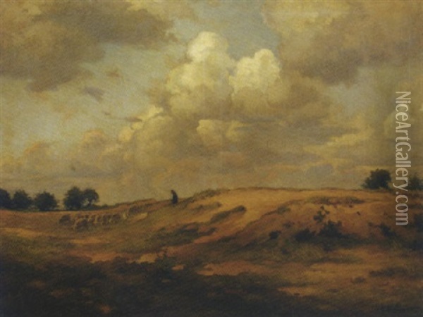 Onweerswolk, Blaricum: Leading The Flock Over The Heath Oil Painting - Johan Ernst Baeumer