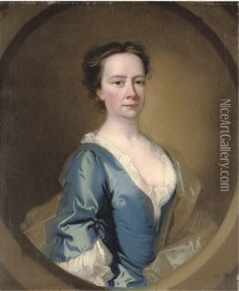 Portrait Of A Lady In A Blue Dress And White Chemise Oil Painting - Thomas Hudson