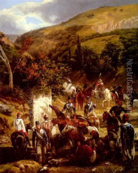 Repos A La Fontaine En Algerie Oil Painting - Alfred Couverchel