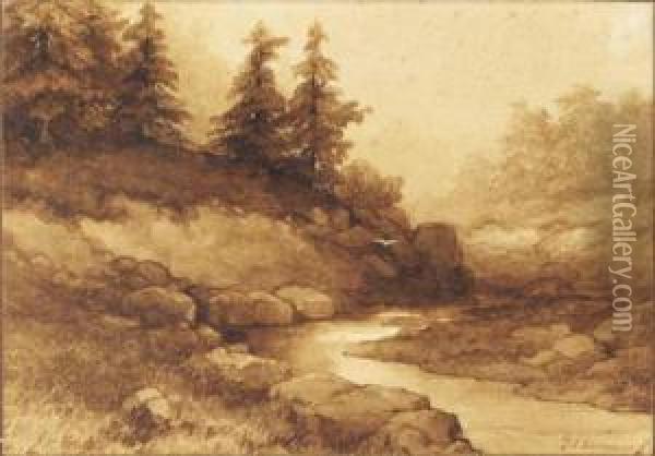 A Hilly Wooded River Landscape Oil Painting - Frederick Hendrik Kaemmerer