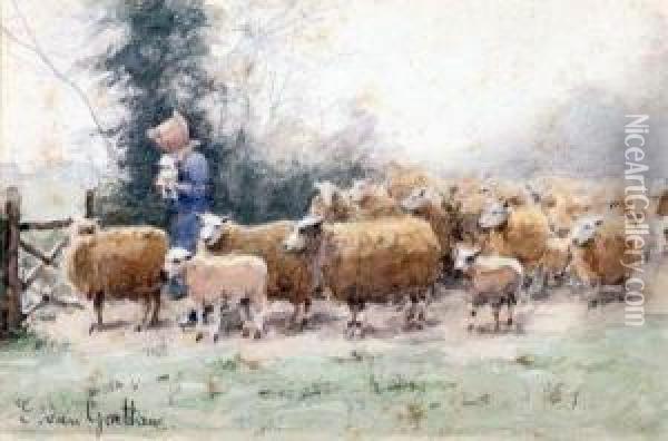 Young Girl With Sheep Oil Painting - Edward Van Goethem