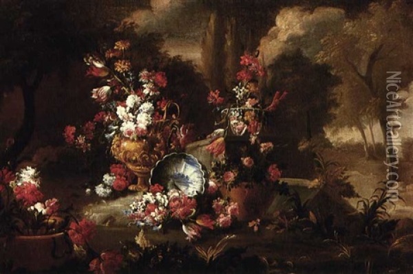 Still Life Of Flowers In A Landscape Oil Painting - Anna Caterina Gigli